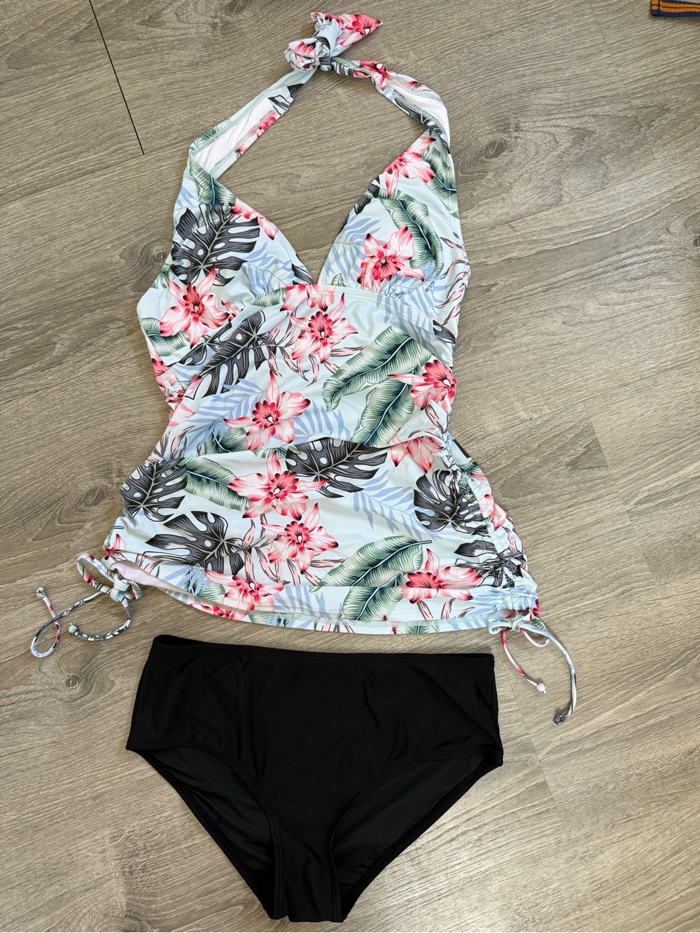 Tropical Floral Halter Tankini Set - Pink & Green